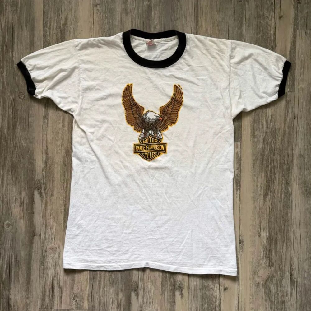 Vintage 1970s Harley Davidson Bald Eagle Ringer T Shirt Size Large